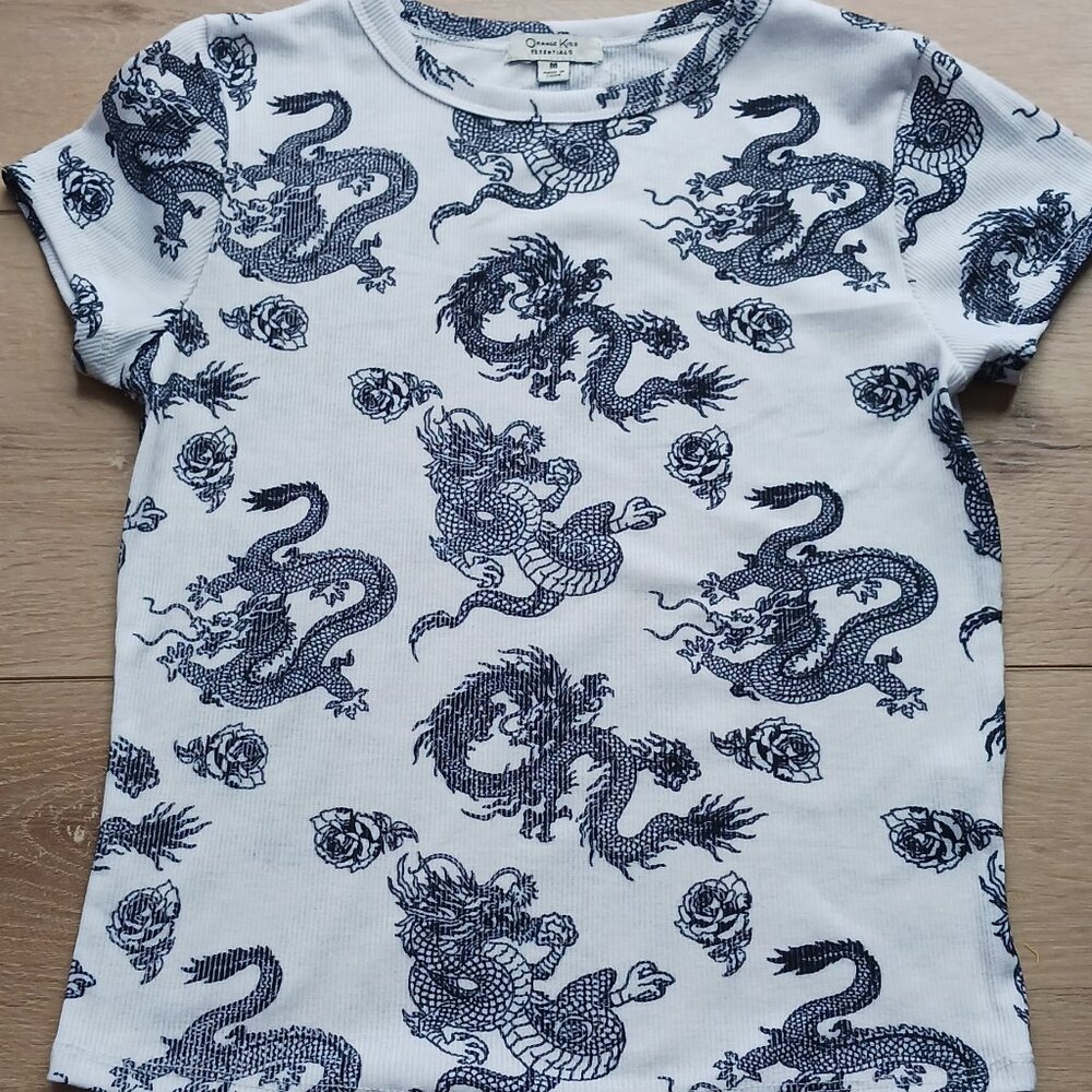 Ladies Medium Orange Kiss Dragon Shirt Black & White
